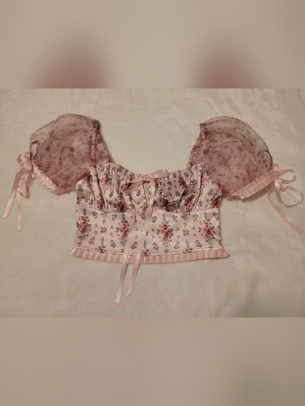 Sugar Thrillz Pink Satin Floral Puff Sleeve Crop Top